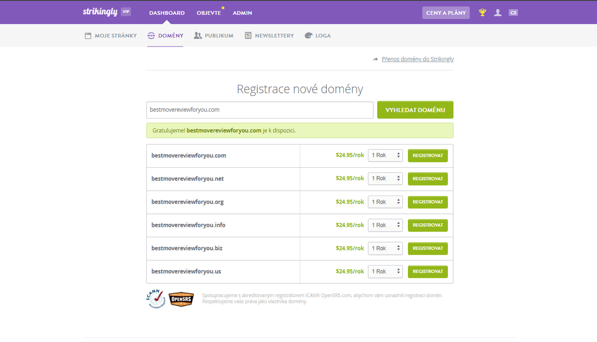 Stránka pro registraci domény Striktně Stránka pro registraci domény Striktně
