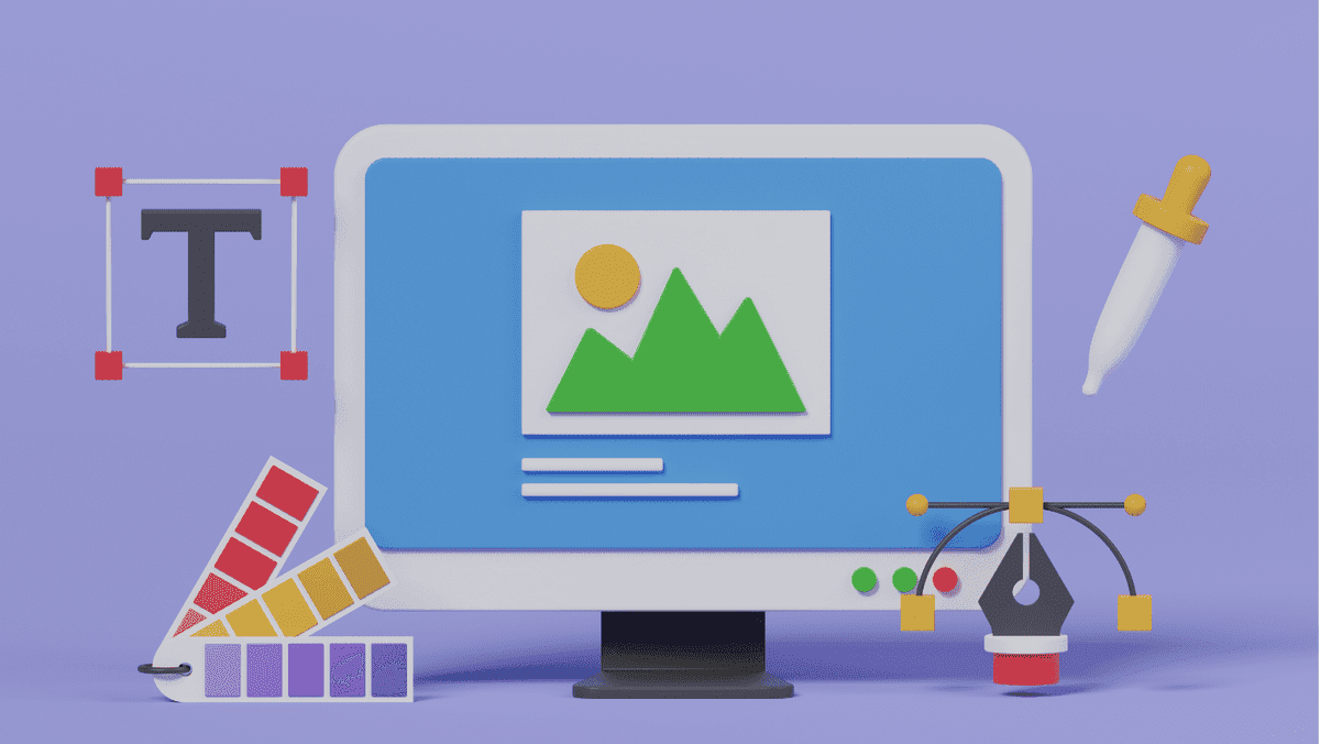 Sebuah monitor yang menampilkan berbagai alat desain web di layarnya Sebuah monitor yang menampilkan berbagai alat desain web di layarnya