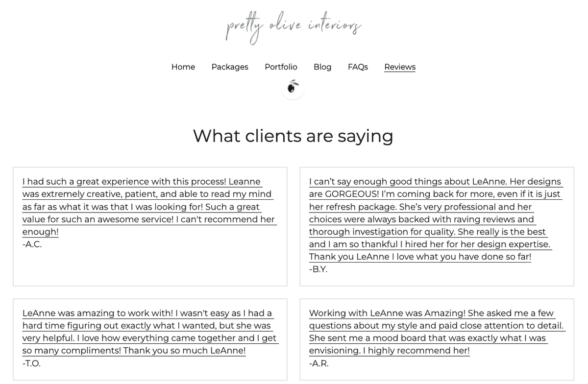 Página de testimonios de Pretty Olive Interiors Página de testimonios de Pretty Olive Interiors