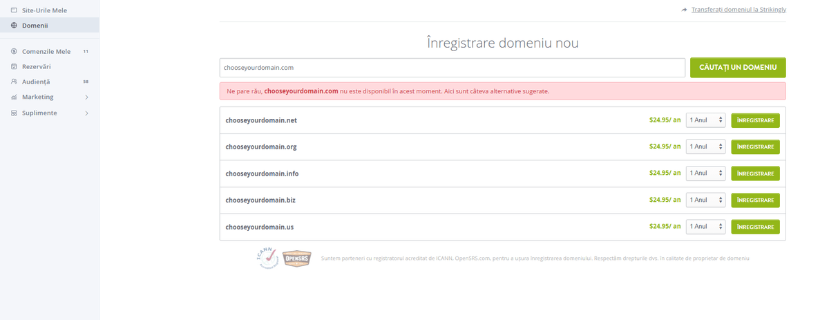 Pagina de selecție a domeniului Strikingly Pagina de selecție a domeniului Strikingly