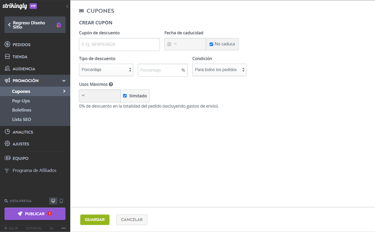 Función de cupón de Strikingly Función de cupón de Strikingly