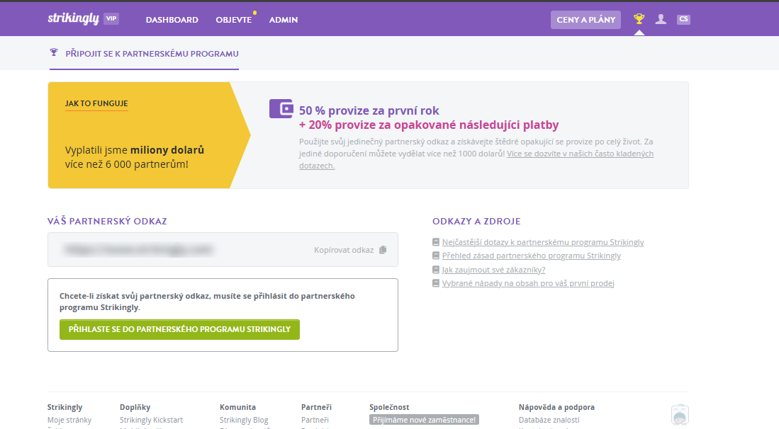 Registrační stránka partnerského programu Strikingly Registrační stránka partnerského programu Strikingly