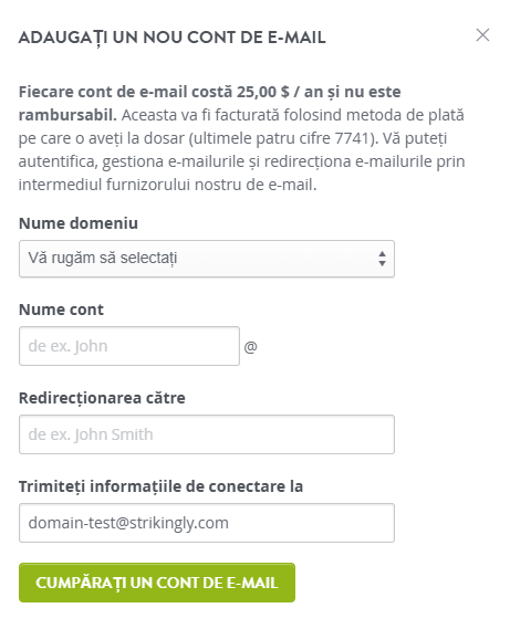 Pagină de configurare a adresei de e-mail personalizate Pagină de configurare a adresei de e-mail personalizate