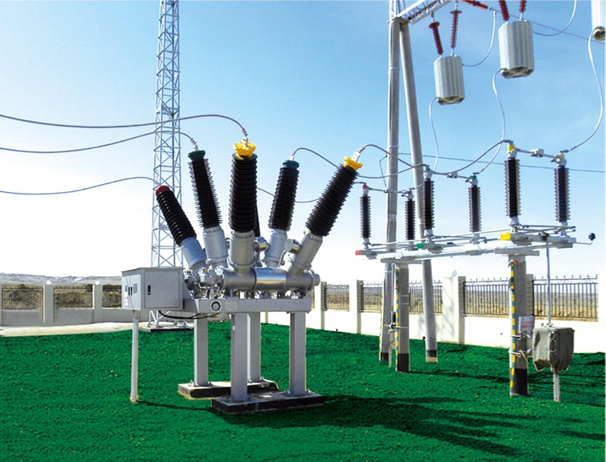 High-voltage circuit breaker in an outdoor substation High-voltage circuit breaker in an outdoor substation