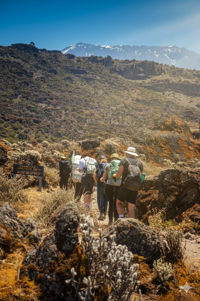 Kilimanjaro ecosystem atmosphere and vegetation while mountain climber pass through to the top Kilimanjaro ecosystem atmosphere and vegetation while mountain climber pass through to the top