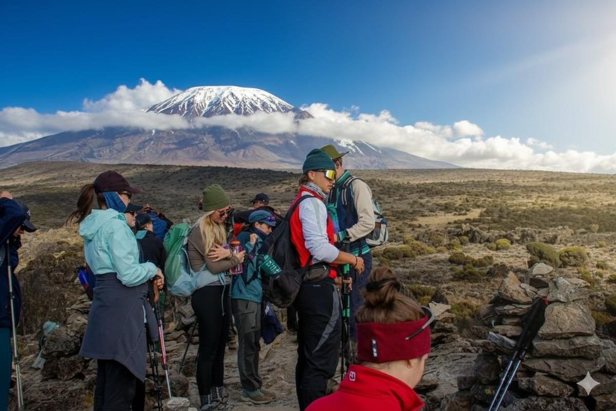 Kilimanjaro trekking scenic view of the mountain and climbers Kilimanjaro trekking scenic view of the mountain and climbers
