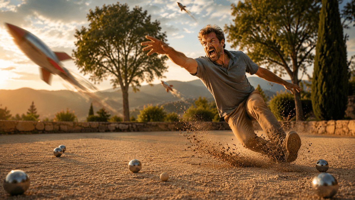 Un joueur de pétanque furieux perd l’équilibre sur le terrain et lance des rockettes à la place des boules, illustrant avec humour la colère et la perte de contrôle après un tir raté. Un joueur de pétanque furieux perd l’équilibre sur le terrain et lance des rockettes à la place des boules, illustrant avec humour la colère et la perte de contrôle après un tir raté.