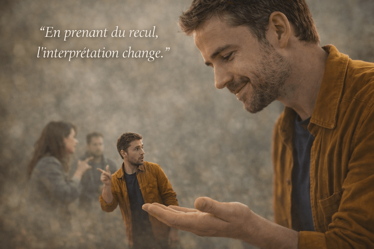 Image symbolique sur le fait de prendre du recul : une version calme et apaisée de soi observe une version plus petite encore engagée dans le conflit. Cette illustration évoque l’espace intérieur retrouvé, le changement d’interprétation et une manière plus sereine de vivre une situation difficile. Image symbolique sur le fait de prendre du recul : une version calme et apaisée de soi observe une version plus petite encore engagée dans le conflit. Cette illustration évoque l’espace intérieur retrouvé, le changement d’interprétation et une manière plus sereine de vivre une situation difficile.