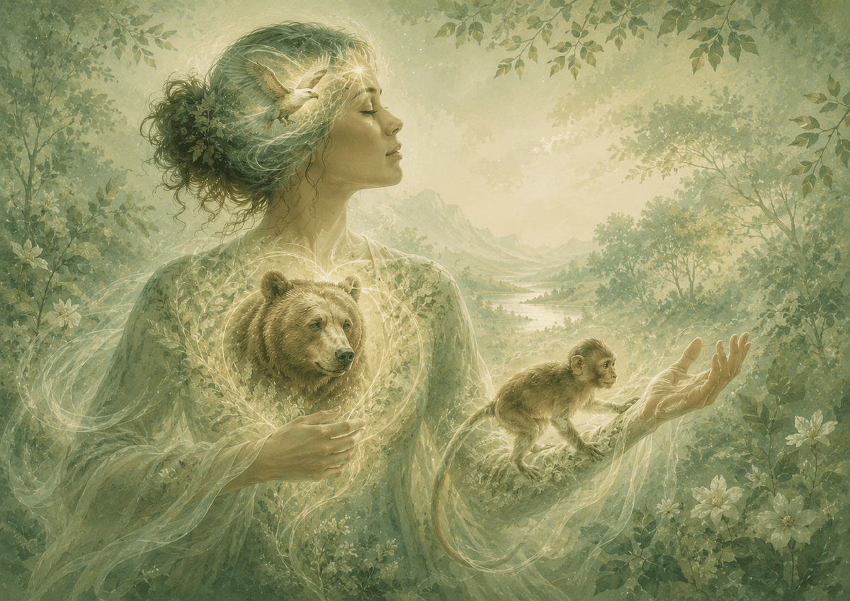 Illustration symbolique des animaux intérieurs en hypnose : un oiseau pour l’esprit, un ours pour le cœur et un singe pour le mouvement, comme ressources vivantes de l’inconscient. Illustration symbolique des animaux intérieurs en hypnose : un oiseau pour l’esprit, un ours pour le cœur et un singe pour le mouvement, comme ressources vivantes de l’inconscient.