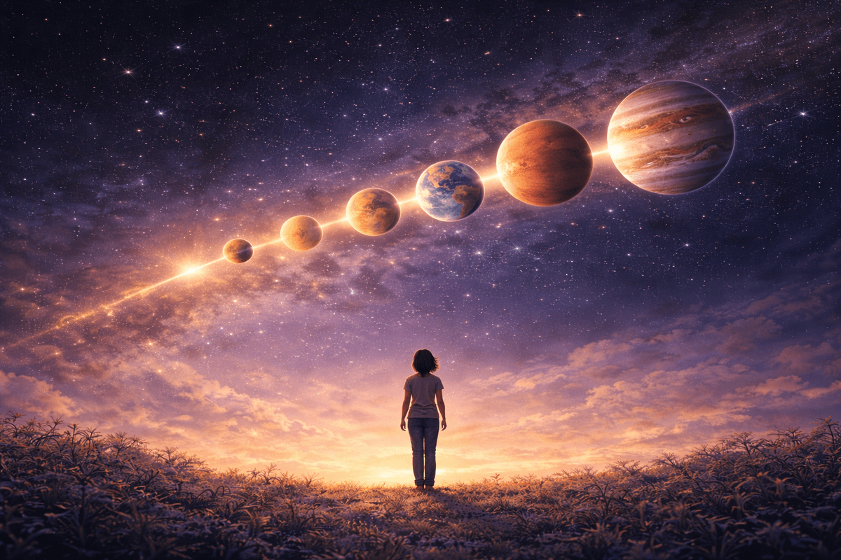 Illustration poétique d’une femme observant un ciel où plusieurs planètes sont alignées. Cette image symbolise l’accord intérieur, la recherche d’équilibre, de sens et de cohérence entre le corps, l’esprit et la direction de vie. Illustration poétique d’une femme observant un ciel où plusieurs planètes sont alignées. Cette image symbolise l’accord intérieur, la recherche d’équilibre, de sens et de cohérence entre le corps, l’esprit et la direction de vie.