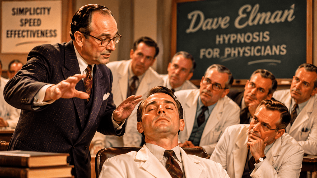 Dave Elman enseignant l’hypnose à des médecins dans les années 1940. Reconstitution d’une démonstration de l’induction elmanienne. Dave Elman enseignant l’hypnose à des médecins dans les années 1940. Reconstitution d’une démonstration de l’induction elmanienne.