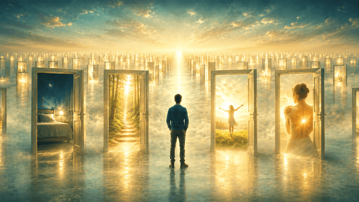 Une personne observe plusieurs portes lumineuses représentant le sommeil, l’élan d’avancer, la liberté intérieure et l’apaisement, tandis qu’une infinité d’autres portes s’ouvrent à l’horizon. Une image symbolique des possibilités que l’hypnose peut aider à retrouver. Une personne observe plusieurs portes lumineuses représentant le sommeil, l’élan d’avancer, la liberté intérieure et l’apaisement, tandis qu’une infinité d’autres portes s’ouvrent à l’horizon. Une image symbolique des possibilités que l’hypnose peut aider à retrouver.