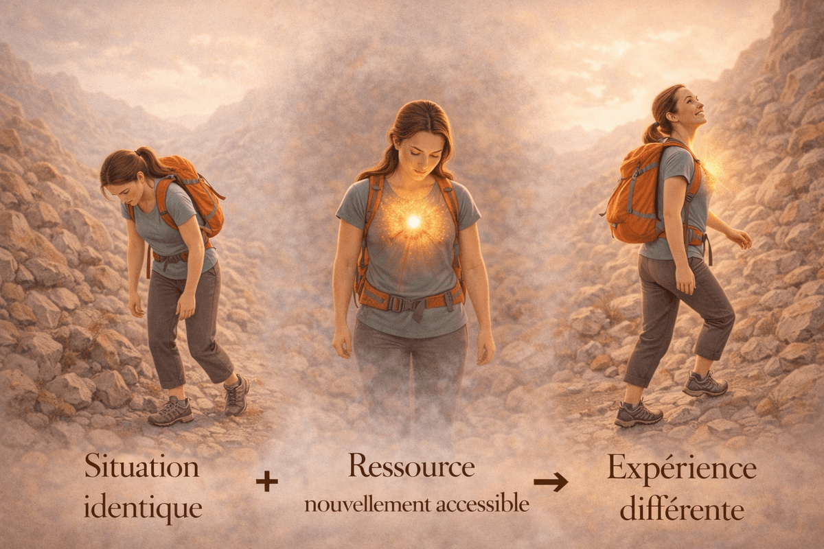 Illustration de la formule en hypnose : situation identique + ressource nouvellement accessible = expérience différente. Image sur les ressources intérieures, le changement de perception et la transformation du vécu. Illustration de la formule en hypnose : situation identique + ressource nouvellement accessible = expérience différente. Image sur les ressources intérieures, le changement de perception et la transformation du vécu.