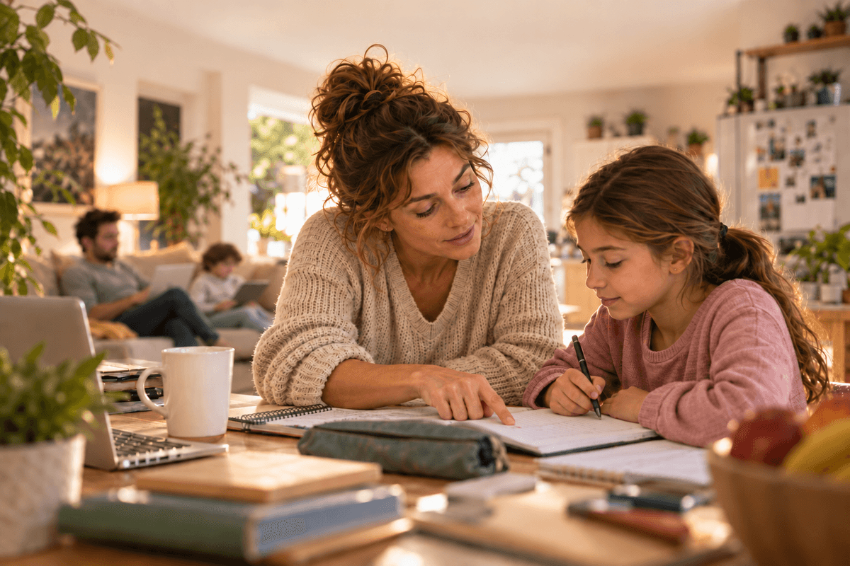 Une mère aide sa fille à faire ses devoirs dans un intérieur familial, illustrant l’implication, l’anticipation et la tendance à penser à la place des autres. Une mère aide sa fille à faire ses devoirs dans un intérieur familial, illustrant l’implication, l’anticipation et la tendance à penser à la place des autres.