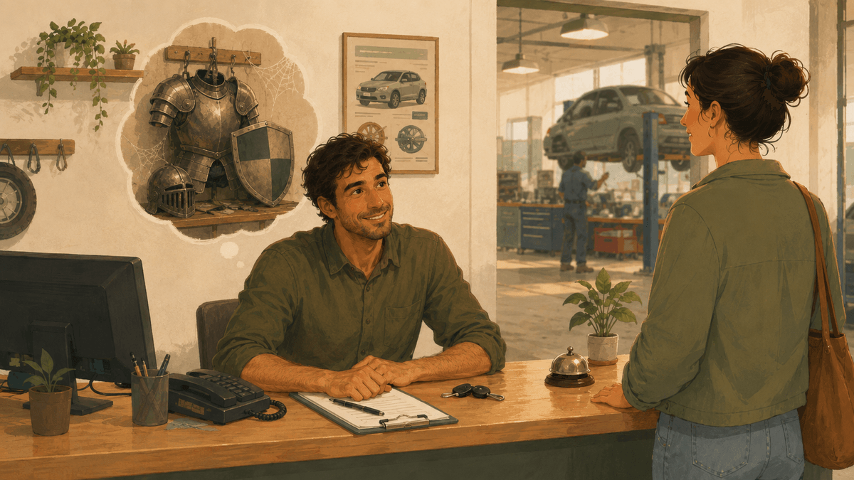 Homme détendu et souriant à l’accueil d’un garage automobile, son armure rangée symbolisant une meilleure gestion du stress et de l’anxiété. Homme détendu et souriant à l’accueil d’un garage automobile, son armure rangée symbolisant une meilleure gestion du stress et de l’anxiété.
