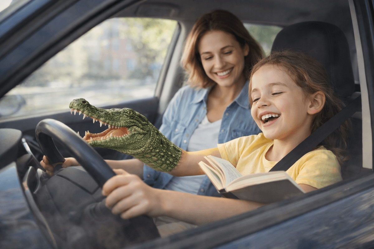 Illustration poétique et métaphorique d’une enfant qui apprend une poésie en la vivant de l’intérieur. Assise comme si elle conduisait une voiture, accompagnée de sa mère, elle sourit tandis qu’une de ses mains devient un crocodile imaginaire. L’image symbolise l’apprentissage par le mime, le mouvement, le jeu et l’incarnation. Illustration poétique et métaphorique d’une enfant qui apprend une poésie en la vivant de l’intérieur. Assise comme si elle conduisait une voiture, accompagnée de sa mère, elle sourit tandis qu’une de ses mains devient un crocodile imaginaire. L’image symbolise l’apprentissage par le mime, le mouvement, le jeu et l’incarnation.
