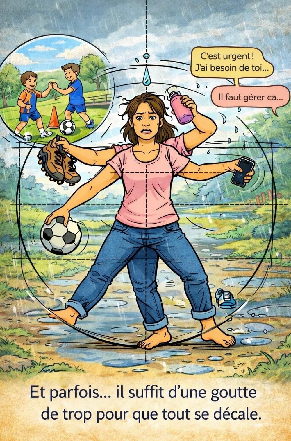Illustration BD d’une femme débordée et désalignée sous la pluie, tenant plusieurs objets à la fois, tandis qu’en arrière-plan des enfants jouent au handball. L’image symbolise la surcharge, la goutte de trop et la perte d’équilibre intérieur. Illustration BD d’une femme débordée et désalignée sous la pluie, tenant plusieurs objets à la fois, tandis qu’en arrière-plan des enfants jouent au handball. L’image symbolise la surcharge, la goutte de trop et la perte d’équilibre intérieur.