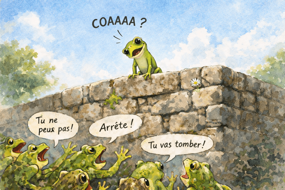 Illustration aquarelle d’une petite grenouille frêle au sommet d’un muret pendant un concours de saut, face à d’autres grenouilles en contrebas. Illustration aquarelle d’une petite grenouille frêle au sommet d’un muret pendant un concours de saut, face à d’autres grenouilles en contrebas.