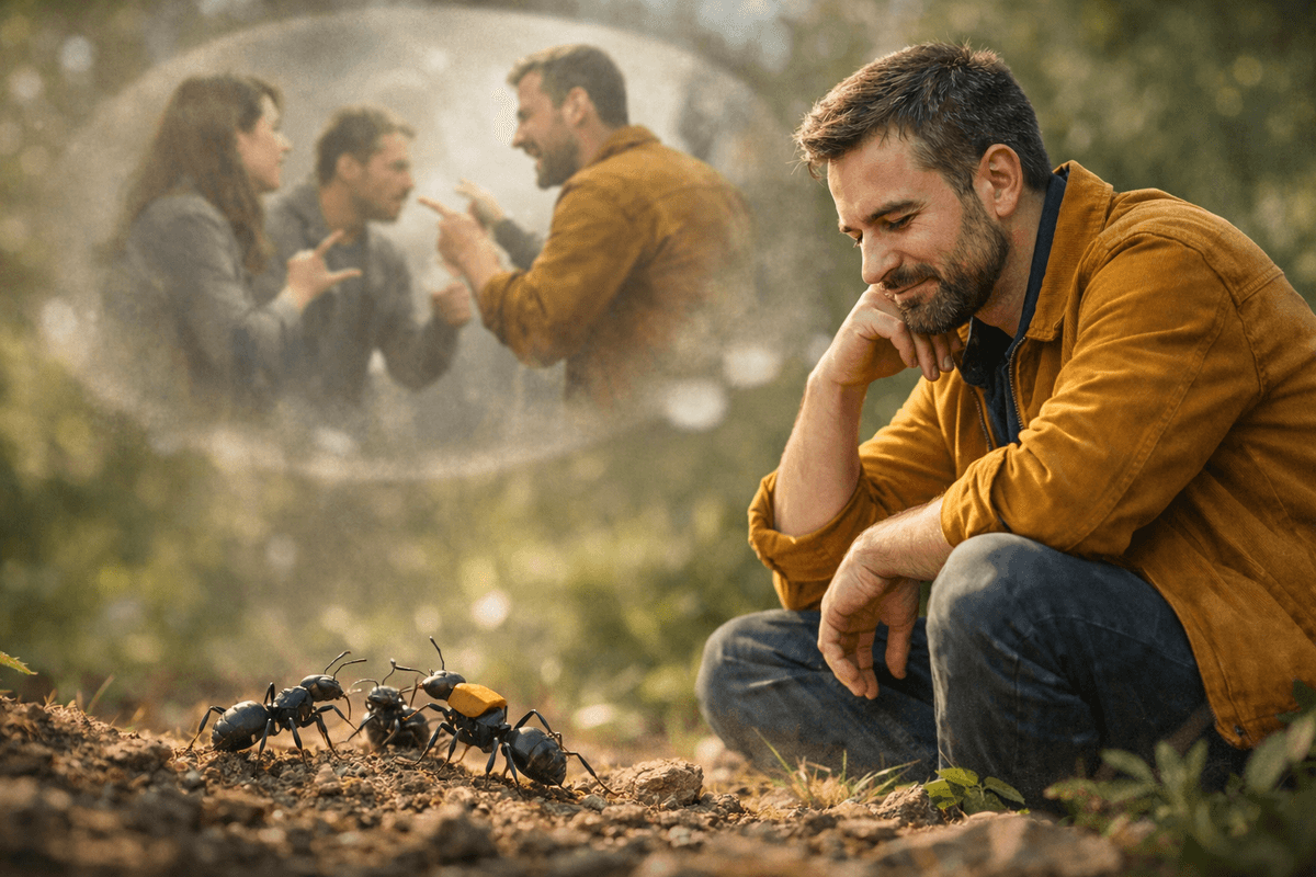 Illustration métaphorique sur le recul émotionnel : un homme observe calmement des fourmis en conflit pendant qu’une ancienne scène de dispute humaine revient en mémoire. L’image symbolise le changement de distance, de regard et d’interprétation face à une situation difficile. Illustration métaphorique sur le recul émotionnel : un homme observe calmement des fourmis en conflit pendant qu’une ancienne scène de dispute humaine revient en mémoire. L’image symbolise le changement de distance, de regard et d’interprétation face à une situation difficile.