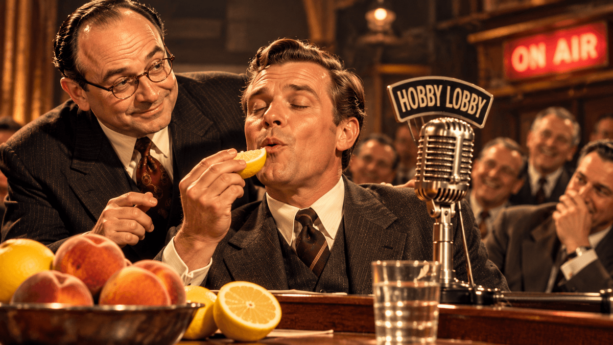 Reconstitution d’une expérience d’hypnose à la radio en 1941 : un homme déguste un citron en imaginant manger une pêche, sous le regard amusé de Dave Elman. Reconstitution d’une expérience d’hypnose à la radio en 1941 : un homme déguste un citron en imaginant manger une pêche, sous le regard amusé de Dave Elman.