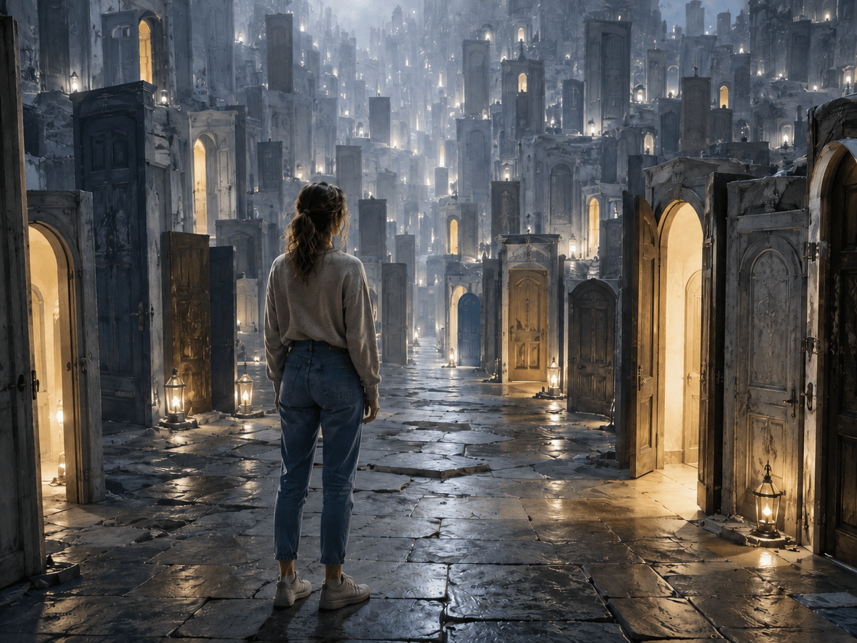 Jeune femme en tenue moderne face à un espace mystérieux rempli de centaines de portes, lors d’une exploration hypnotique de l’imaginaire. Jeune femme en tenue moderne face à un espace mystérieux rempli de centaines de portes, lors d’une exploration hypnotique de l’imaginaire.