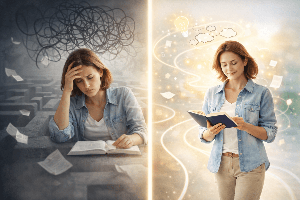 Image en deux parties montrant la même femme dans deux états différents face à l’apprentissage. À gauche, une ambiance sombre et confuse évoque les blocages, la saturation et la difficulté à apprendre. À droite, un univers lumineux et fluide symbolise la clarté mentale, l’organisation, la concentration et les ressources qui facilitent l’intégration. Image en deux parties montrant la même femme dans deux états différents face à l’apprentissage. À gauche, une ambiance sombre et confuse évoque les blocages, la saturation et la difficulté à apprendre. À droite, un univers lumineux et fluide symbolise la clarté mentale, l’organisation, la concentration et les ressources qui facilitent l’intégration.