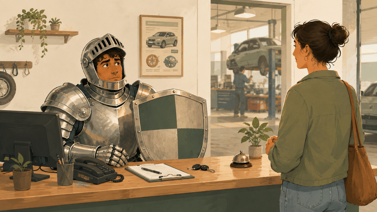 Homme à l’accueil d’un garage automobile, protégé par une armure et un bouclier, illustrant le stress et la mise en défense face aux interactions difficiles. Homme à l’accueil d’un garage automobile, protégé par une armure et un bouclier, illustrant le stress et la mise en défense face aux interactions difficiles.