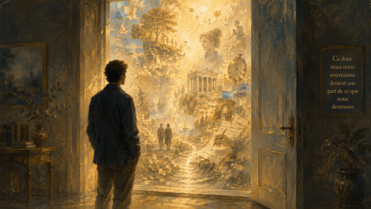 Personne debout sur le seuil d’une porte lumineuse entrouverte, observant un monde intérieur doré et bleu rempli de souvenirs flottants, d’images anciennes et de symboles liés à la mémoire. Personne debout sur le seuil d’une porte lumineuse entrouverte, observant un monde intérieur doré et bleu rempli de souvenirs flottants, d’images anciennes et de symboles liés à la mémoire.