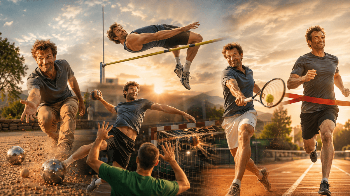 Un même sportif apparaît en situation de réussite dans plusieurs disciplines — pétanque, saut en hauteur, handball, tennis et sprint — pour évoquer les possibilités de l’hypnose dans le sport, la confiance et la performance. Un même sportif apparaît en situation de réussite dans plusieurs disciplines — pétanque, saut en hauteur, handball, tennis et sprint — pour évoquer les possibilités de l’hypnose dans le sport, la confiance et la performance.