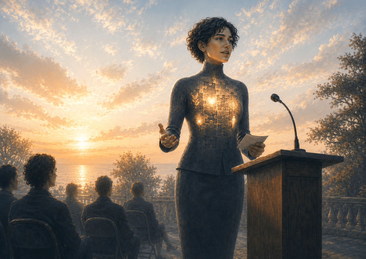 Illustration symbolique d’une personne qui commence à dépasser son manque de confiance en prenant la parole. Les pièces du puzzle intérieur s’éclairent peu à peu, représentant l’activation des ressources personnelles en hypnose. Illustration symbolique d’une personne qui commence à dépasser son manque de confiance en prenant la parole. Les pièces du puzzle intérieur s’éclairent peu à peu, représentant l’activation des ressources personnelles en hypnose.