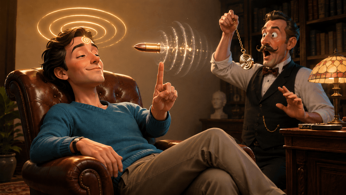 Une personne hypnotisée, confortablement installée dans un fauteuil, arrête une balle en plein vol sous le regard stupéfait de l’hypnotiseur. Une illustration humoristique pour rappeler que l’hypnose ouvre de nombreuses possibilités, sans pour autant relever de la magie. Une personne hypnotisée, confortablement installée dans un fauteuil, arrête une balle en plein vol sous le regard stupéfait de l’hypnotiseur. Une illustration humoristique pour rappeler que l’hypnose ouvre de nombreuses possibilités, sans pour autant relever de la magie.
