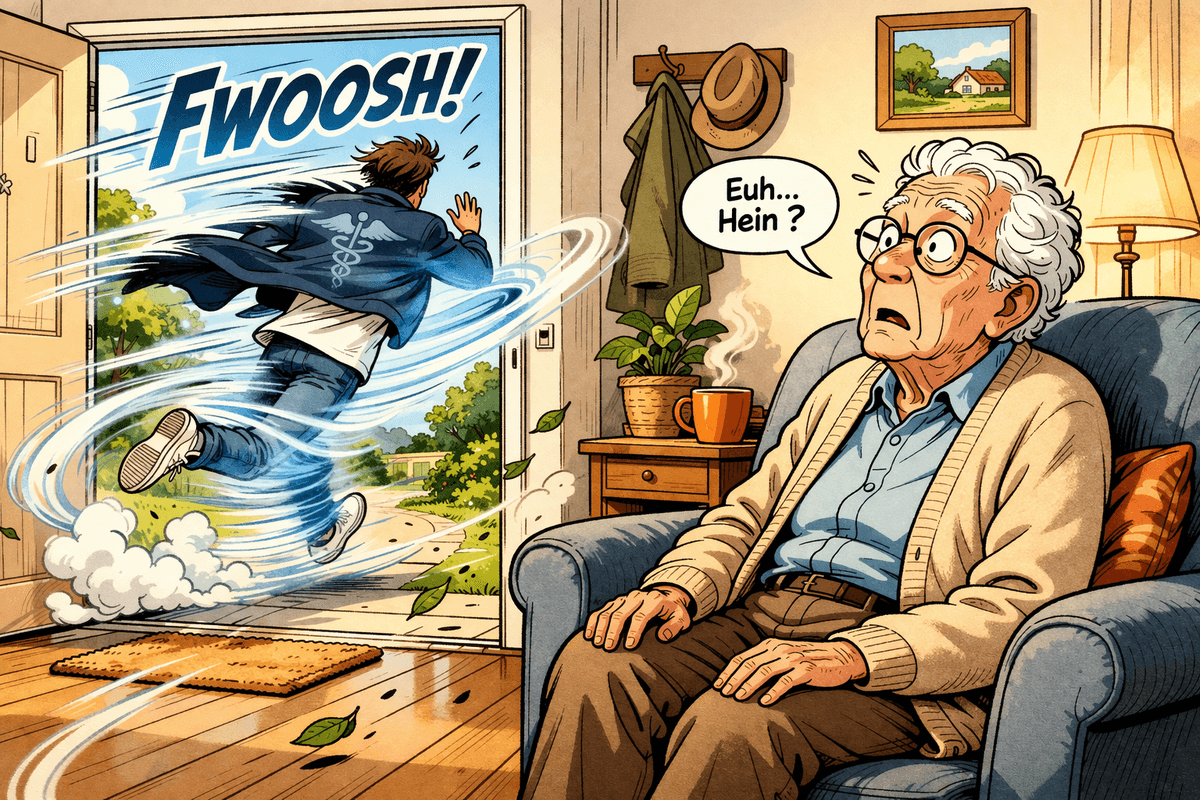Illustration humoristique d’un soin à domicile : un soignant en tenue civile disparaît comme un courant d’air, tandis qu’une personne âgée reste figée, surprise, dans son fauteuil. Illustration humoristique d’un soin à domicile : un soignant en tenue civile disparaît comme un courant d’air, tandis qu’une personne âgée reste figée, surprise, dans son fauteuil.