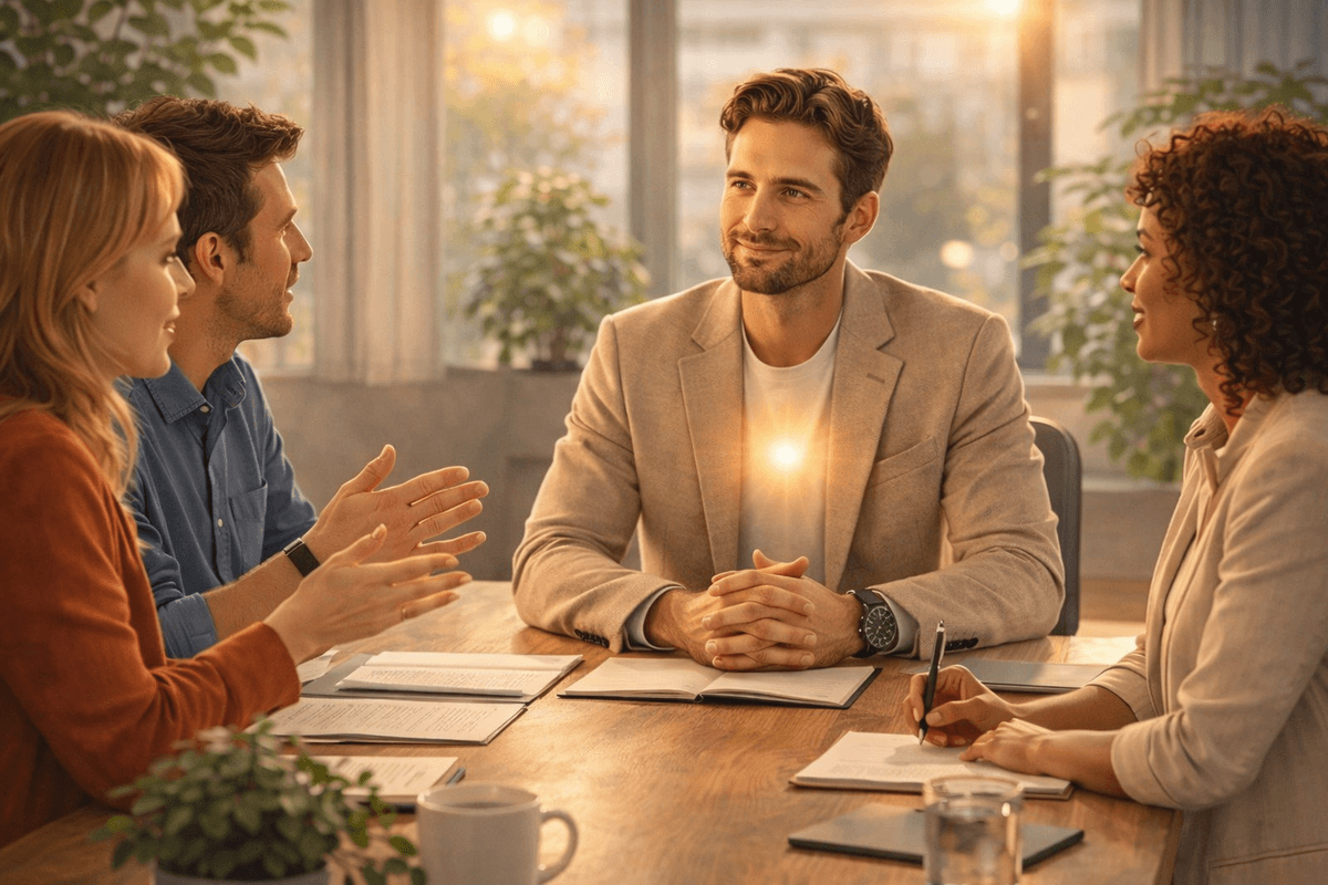 Illustration d’un entrepreneur calme face à des clients en réunion. Image liée à l’hypnose, au transfert de ressources, à la stabilité émotionnelle, au calme intérieur et à la gestion des confrontations professionnelles. Illustration d’un entrepreneur calme face à des clients en réunion. Image liée à l’hypnose, au transfert de ressources, à la stabilité émotionnelle, au calme intérieur et à la gestion des confrontations professionnelles.