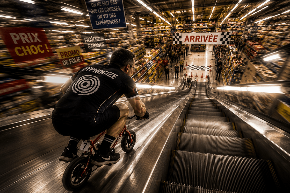 Descente spectaculaire d’un mini-vélo sur la rampe d’un escalator dans un supermarché lors d’une course imaginaire racontée dans un rêve programmé. Descente spectaculaire d’un mini-vélo sur la rampe d’un escalator dans un supermarché lors d’une course imaginaire racontée dans un rêve programmé.