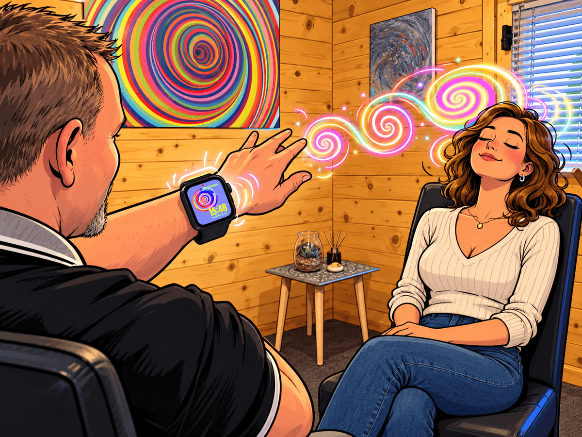 Femme sous hypnose fascinée par une montre Hypnocize, dans une scène en bande dessinée aux spirales colorées. Femme sous hypnose fascinée par une montre Hypnocize, dans une scène en bande dessinée aux spirales colorées.