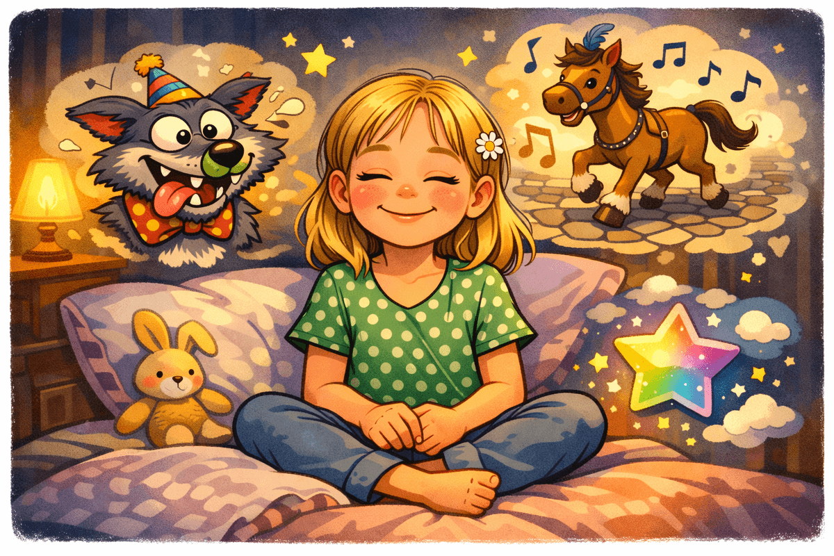 Illustration en bande dessinée d’une petite fille calme et souriante dans sa chambre, entourée d’éléments symbolisant la transformation d’une peur, d’un son et d’une sensation intérieure. Illustration en bande dessinée d’une petite fille calme et souriante dans sa chambre, entourée d’éléments symbolisant la transformation d’une peur, d’un son et d’une sensation intérieure.