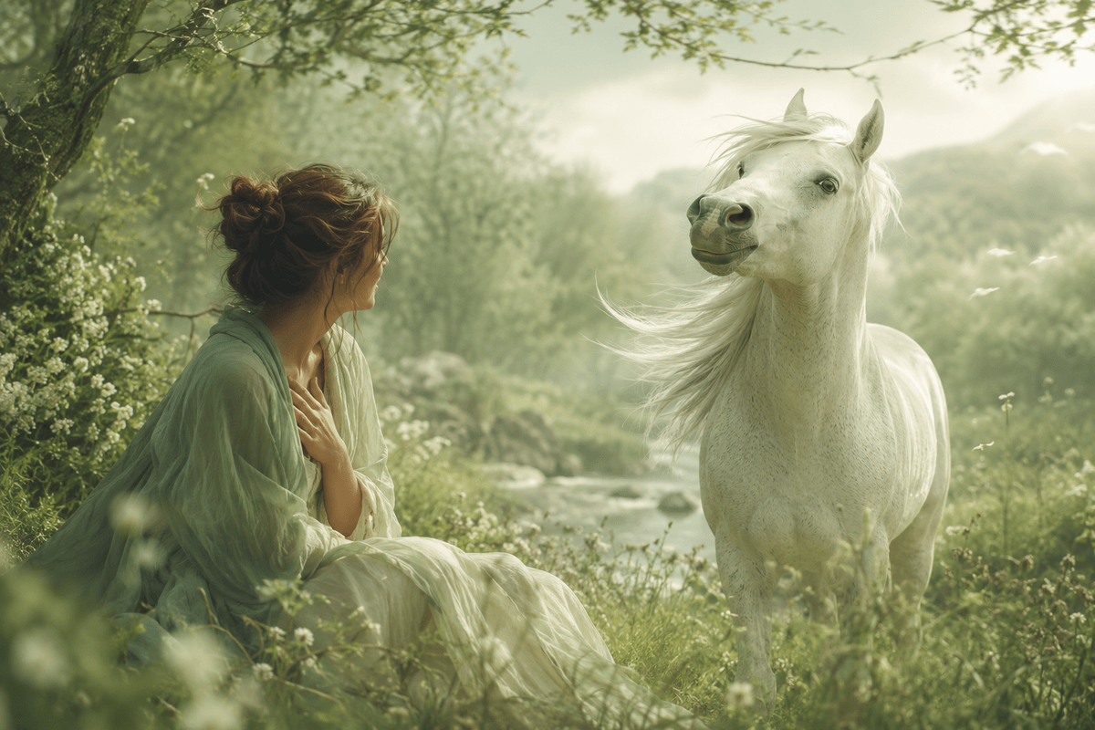 Une femme sous hypnose rencontre un cheval blanc à l’air malicieux dans un paysage vert pastel, symbole d’apaisement et de libération intérieure. Une femme sous hypnose rencontre un cheval blanc à l’air malicieux dans un paysage vert pastel, symbole d’apaisement et de libération intérieure.
