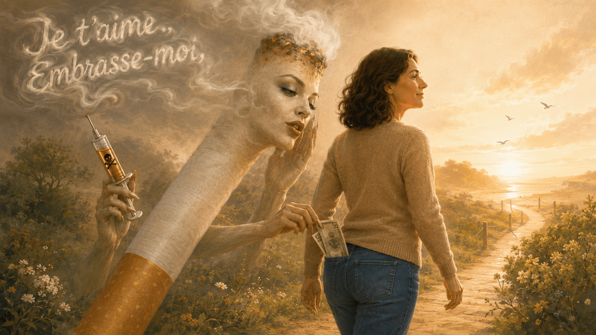 Illustration symbolique d’une femme redevenue non-fumeuse qui tourne le dos à une cigarette géante au visage de séductrice, tenant une seringue de poison et volant de l’argent dans sa poche. Illustration symbolique d’une femme redevenue non-fumeuse qui tourne le dos à une cigarette géante au visage de séductrice, tenant une seringue de poison et volant de l’argent dans sa poche.