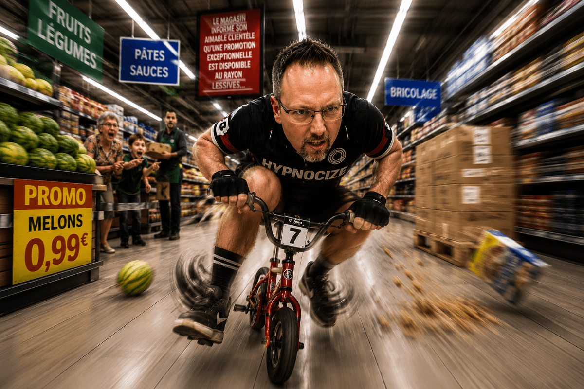 Course de mini-vélo dans un supermarché : un participant penché très en avant accélère grâce à une technique de pédalage particulière entre les rayons. Course de mini-vélo dans un supermarché : un participant penché très en avant accélère grâce à une technique de pédalage particulière entre les rayons.