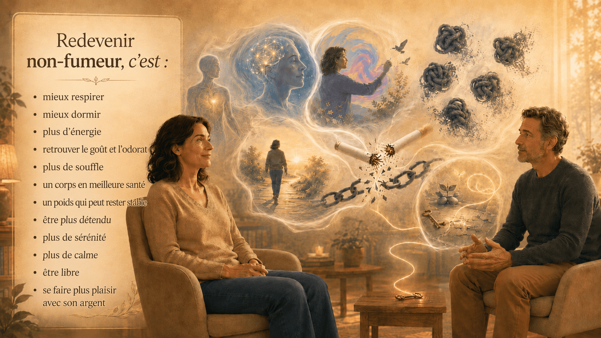 Illustration d’une séance d’hypnose pour l’arrêt du tabac, avec une femme accompagnée par un hypnothérapeute et des symboles de respiration, de liberté, de santé, de calme et de transformation. Illustration d’une séance d’hypnose pour l’arrêt du tabac, avec une femme accompagnée par un hypnothérapeute et des symboles de respiration, de liberté, de santé, de calme et de transformation.