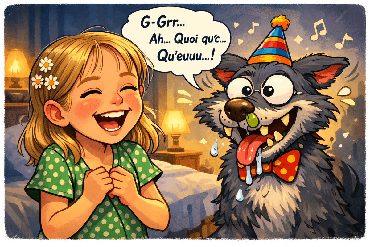 Illustration en bande dessinée d’une petite fille qui rit face à un loup imaginaire devenu ridicule, avec chapeau comique, yeux qui louchent et air maladroit. Illustration en bande dessinée d’une petite fille qui rit face à un loup imaginaire devenu ridicule, avec chapeau comique, yeux qui louchent et air maladroit.