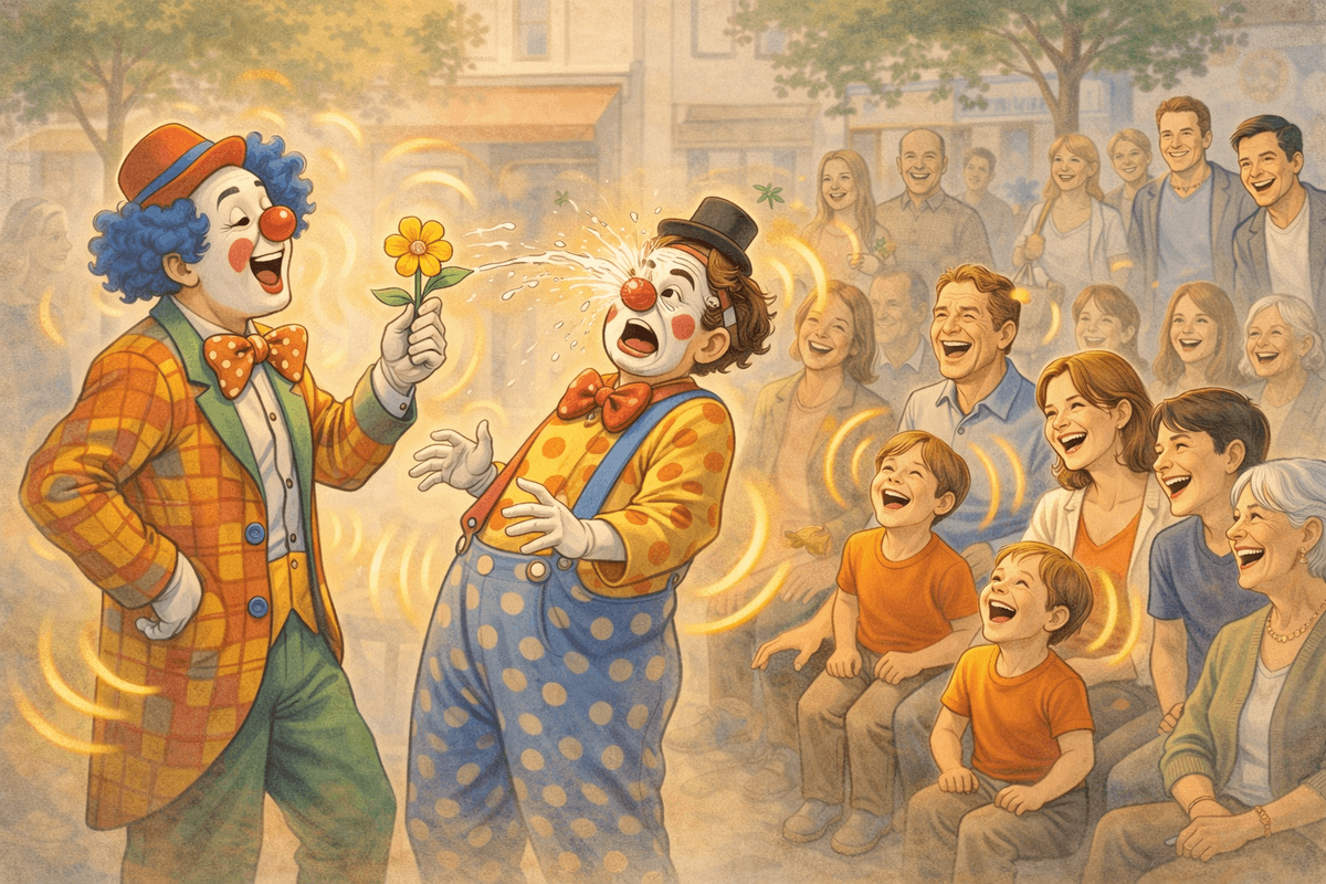 Illustration d’un rire contagieux : une famille et des spectateurs éclatent de rire devant un spectacle de clowns de rue, symbole de la joie partagée et du virus du rire. Illustration d’un rire contagieux : une famille et des spectateurs éclatent de rire devant un spectacle de clowns de rue, symbole de la joie partagée et du virus du rire.