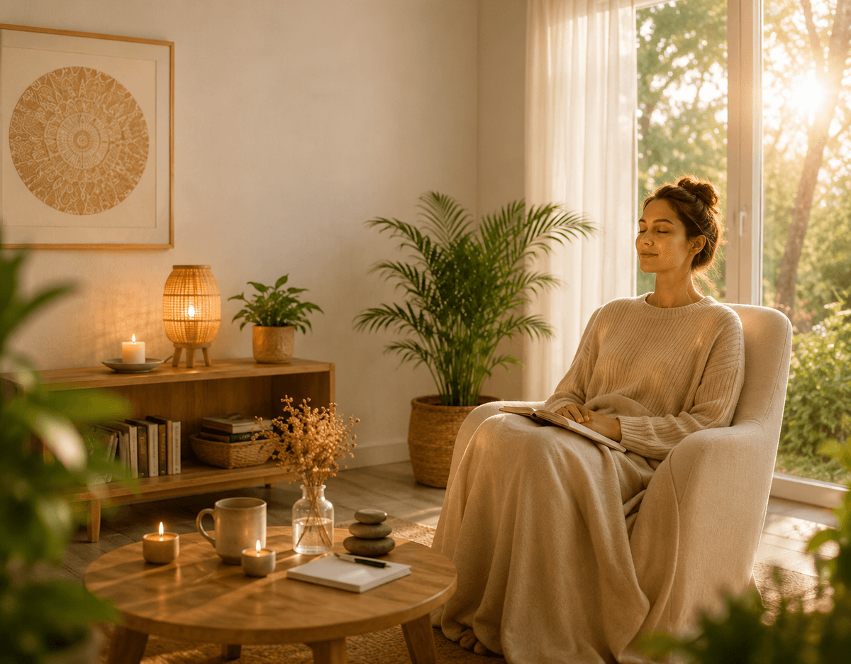 Femme installée dans un fauteuil découvrant l’auto-hypnose dans une ambiance calme et bienveillante Femme installée dans un fauteuil découvrant l’auto-hypnose dans une ambiance calme et bienveillante