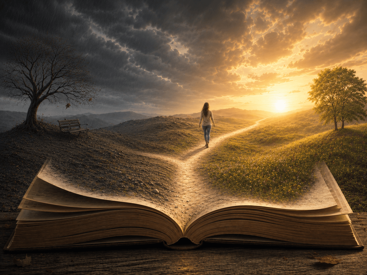 Un livre ouvert devient un paysage traversé par un chemin qui quitte progressivement l’obscurité pour rejoindre la lumière. L’image symbolise la possibilité de reconnaître les pages précédentes de son histoire avant d’en écrire autrement la suite. Un livre ouvert devient un paysage traversé par un chemin qui quitte progressivement l’obscurité pour rejoindre la lumière. L’image symbolise la possibilité de reconnaître les pages précédentes de son histoire avant d’en écrire autrement la suite.