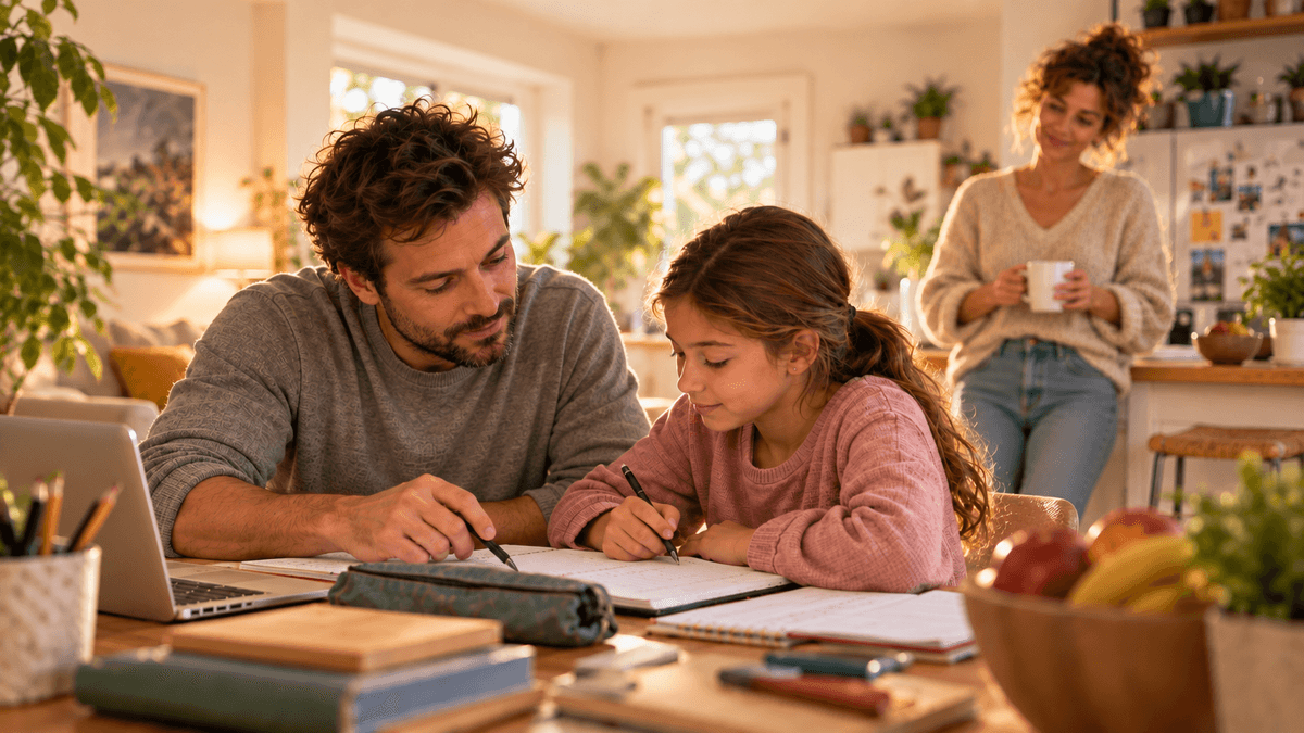 Un père accompagne sa fille dans ses devoirs pendant que la mère observe avec confiance, illustrant le lâcher-prise, la responsabilisation et une nouvelle dynamique familiale. Un père accompagne sa fille dans ses devoirs pendant que la mère observe avec confiance, illustrant le lâcher-prise, la responsabilisation et une nouvelle dynamique familiale.