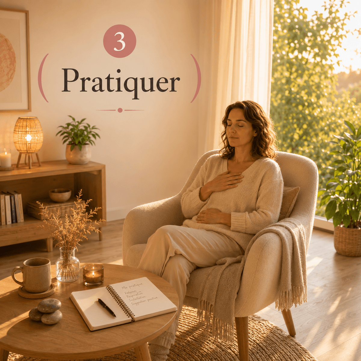 Femme installée dans un fauteuil pratiquant une méthode simple d’auto-hypnose Femme installée dans un fauteuil pratiquant une méthode simple d’auto-hypnose