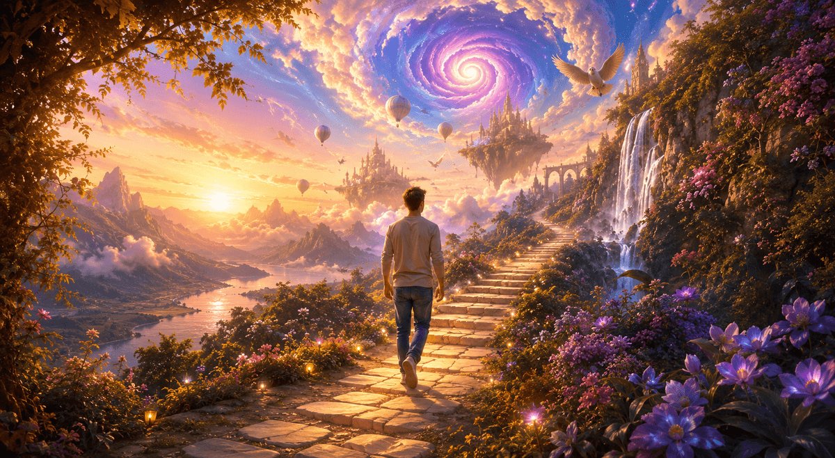 Personne avançant dans un paysage onirique vers une nouvelle expérience d’hypnose ludique Personne avançant dans un paysage onirique vers une nouvelle expérience d’hypnose ludique