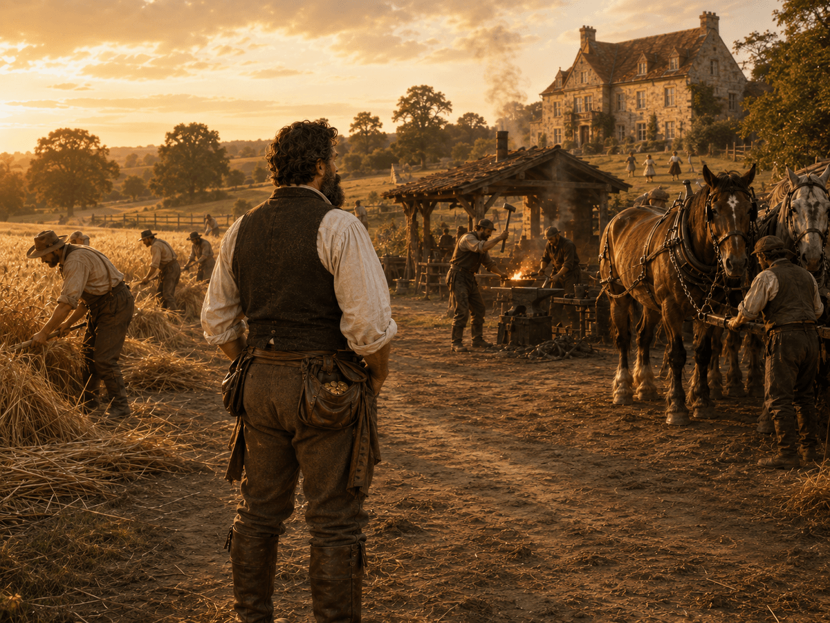Homme barbu vu de dos dans un domaine rural ancien, entouré de faucheurs, forgerons, chevaux de trait, d’une grande maison et d’enfants. Homme barbu vu de dos dans un domaine rural ancien, entouré de faucheurs, forgerons, chevaux de trait, d’une grande maison et d’enfants.