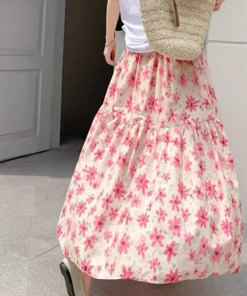 花柄ティアードロングスカート/ブルー・ピンク