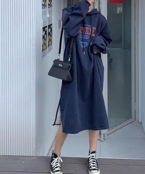 ロゴプリント スウェットワンピース/ブラック・グレー・ネイビー